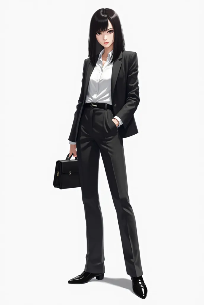 Character design,
24-year-old woman,
wearing a suit,
jacket opened,
semi-long black hair,
cool expression,
Persona 4 style,
(full-body composition: 1.5),
white background,
black shoes,