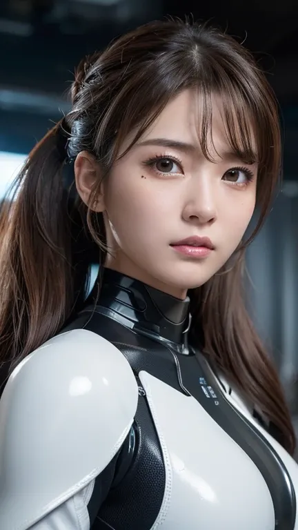 (Close-up:1.4)、(  Uncut Pictures  :1.2)、( Photorealistic:1.4)、(​masterpiece:1.3)、(top-quality:1.4)、(A woman with a beautiful perfect body :1.4)、 woman in front of a group of robots、Beautiful woman、Beautiful woman兵士、Sophisticated latex combat suit 、 Beautif...