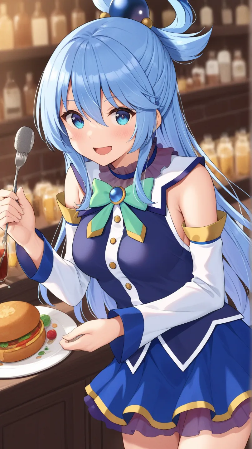 aqua (konosuba) blue eyes, blue dress, blue skirt, turquoise ribbon, sleeveless, White long sleeves,
