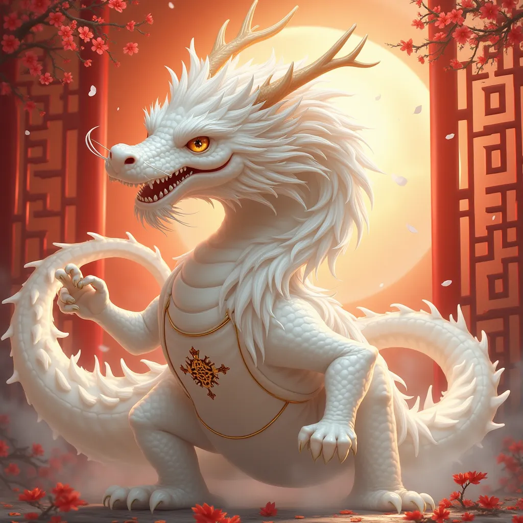 Male dragon with golden eyes, white skin, white hair, wearing a tank top

Chinese New Year theme background oil painting