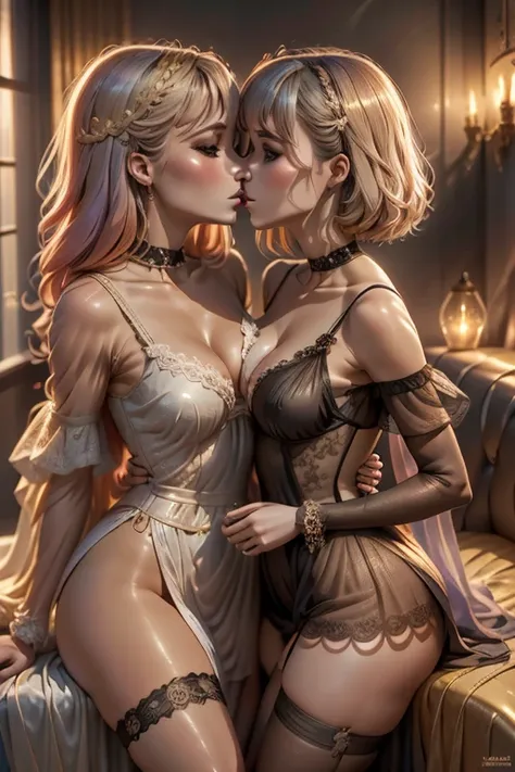 two magic girls together (Malhou Shoujo), wearing a delicate dress (full of details and lace, high definition, thighs, anime style, kissing each other on the lips