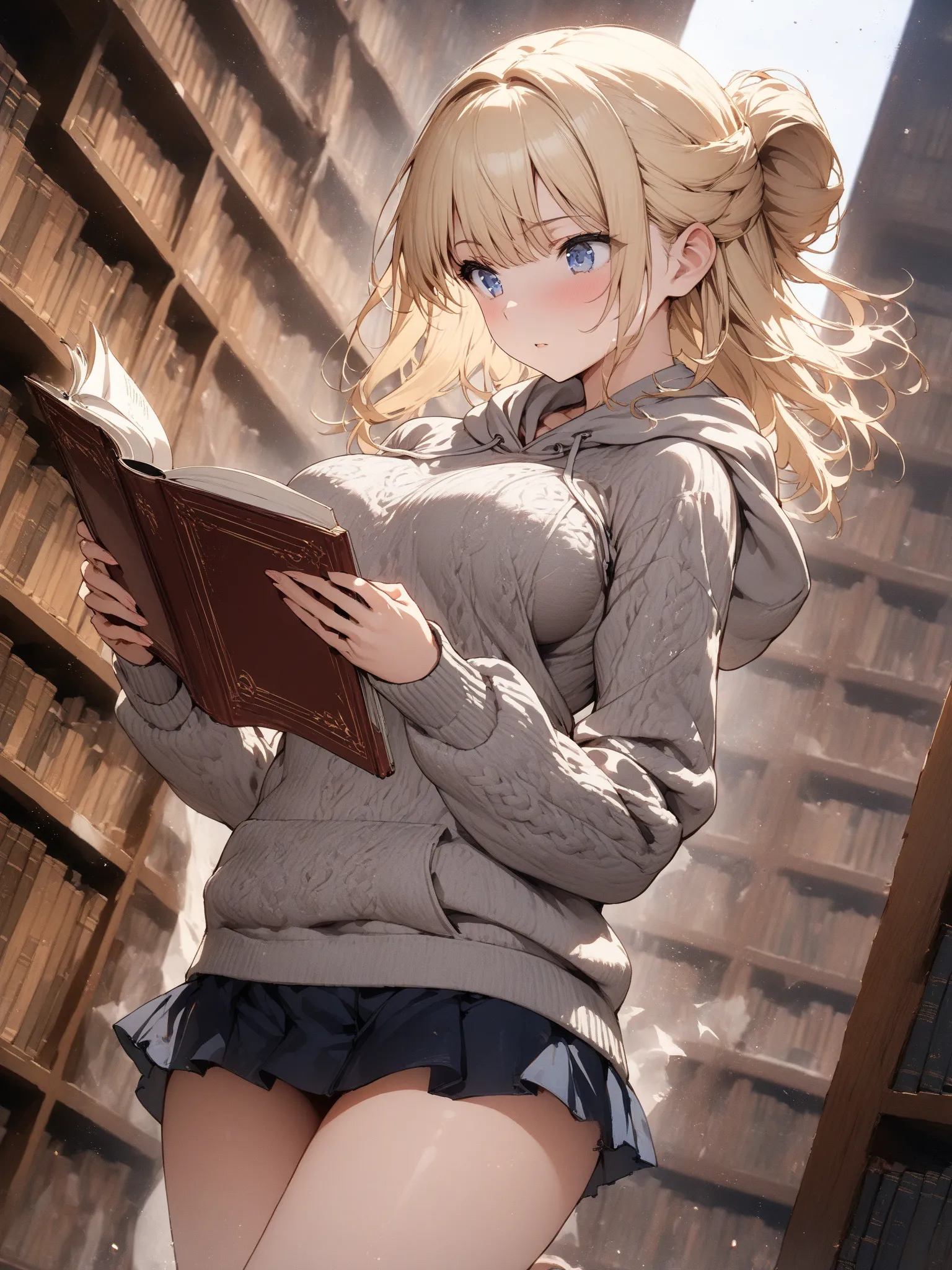 (masterpiece, detailed:1.2), One Girl, elegant, (18-years old), blonde half updo, Medium Breasts, sky blue eyes, BREAK, Highest quality, Random Pose, Random angle, ((Between the bookshelves of a very large library:1.3)), ((reading a book.:1.3)), ((looking ...