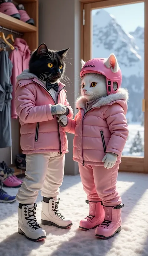 Photorealistic image of Lord Midnight (elegant black cat with yellow eyes) struggling to put on white professional ski boots while already wearing his white designer ski pants and thermal base layer. His black bow tie still visible above his half-zipped sk...