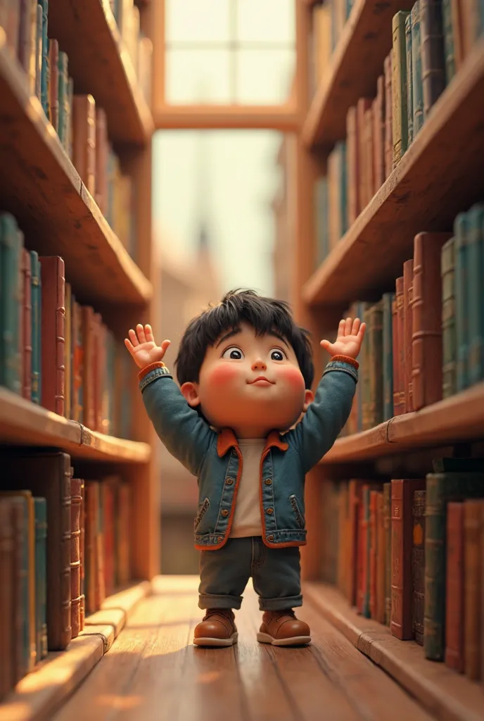 cartoon 3d boy is in the library. he is on his tiptoes trying to reach the upper shelf to take a book. his mouth is closed