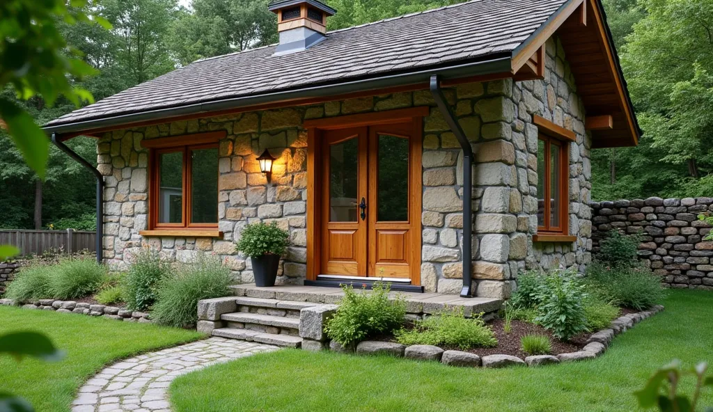 "A charming stone cabin with a wooden roof and large windows. The garden features a low stone wall surrounding the flower beds, with a mix of wildflowers and small plants. A stone pathway leads to the house, and a few modern flower pots are placed near the...