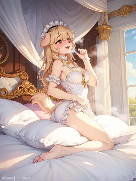 （ masterpiece，Best Quality），, {{masterpiece}}, {highres}, original, extremely detailed 8K wallpaper,，，nature,, (blush),A smile，,（Lots of Pillow），Soft cushion，（mosquito net bed ），，，，（A tail），（Around the protagonist），steam，（Pillow），（LuxuryPillow），，（，（ classi...