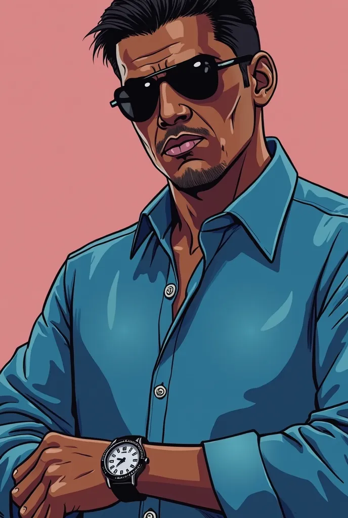 a close up of a person wearing a blue shirt and a watch, a screenshot inspired by Master of the Bambino Vispo, instagram, neo-dada, as the protagonist of gta 5, in gta vice city, gta character, vice city, gta vice city style, as a character from gtav, gta ...