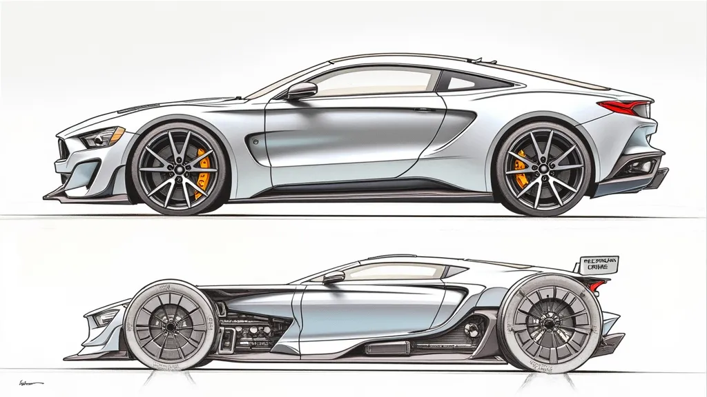 a drawing of a car with a side view of it, f 1/3, profile perspective, side perspective, automotive design art, f 1/4, by Bob Singer, f 1, technical detail, high detail drawing, side profile artwork, front side views full, by Tom Wänerstrand, hyper detail ...