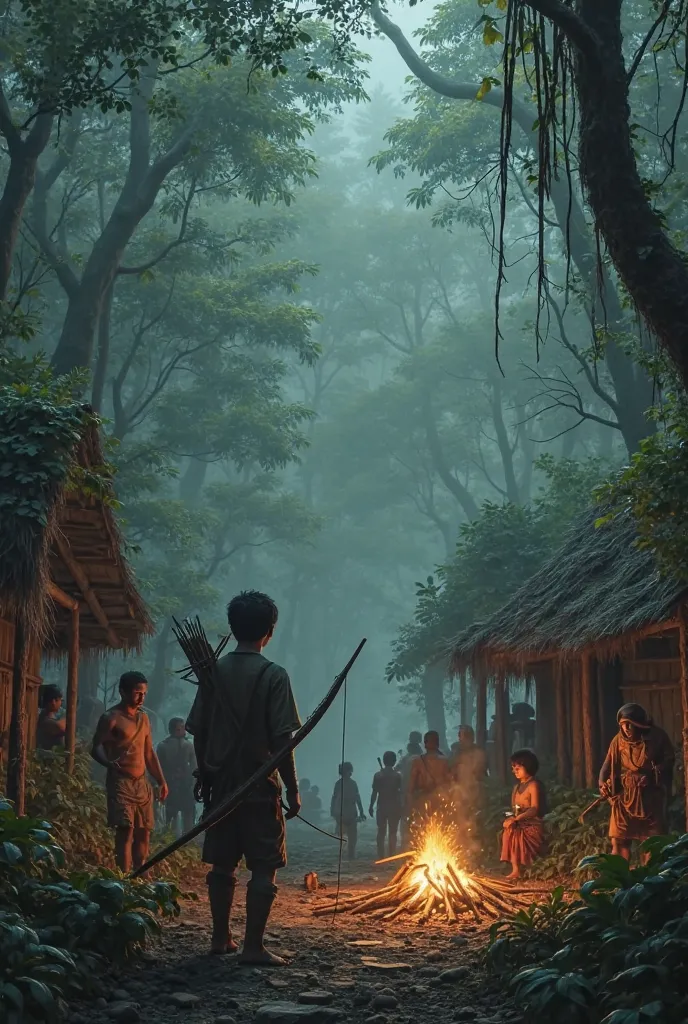 1. Ethan’s Village (Before Time Travel):

A small, isolated settlement in a dense, misty jungle with wooden huts and handmade weapons.

People dressed in survivalist clothing, cooking over open fires.

Ethan with a bow, looking towards the dense forest whe...