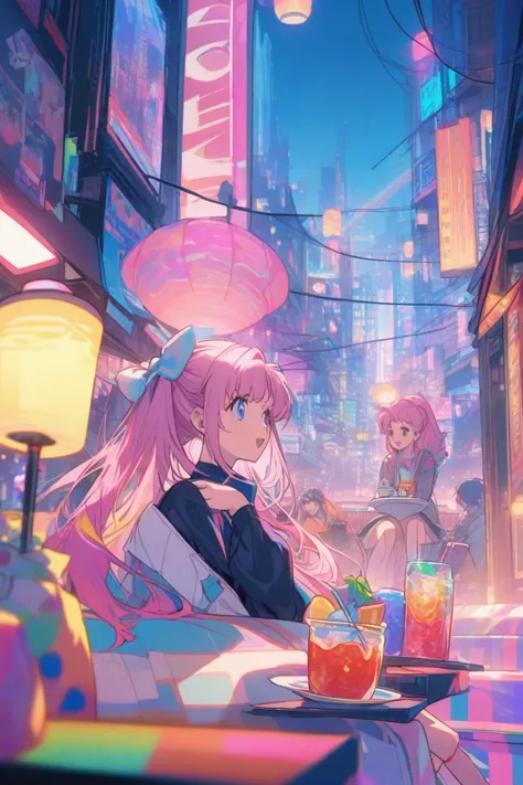   Pink and blue hair girl , soda,   inspired by 90s anime,   Cyberpunk City, praise, colorful, pink hair near MM,  lantern、Have afternoon tea at a cafe