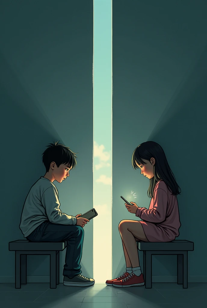 A young boy and a young girl. A wall in the middle and two rooms on either side of the wall. The boy is sitting leaning against the wall in the room.The girl is busy with her mobile phone.