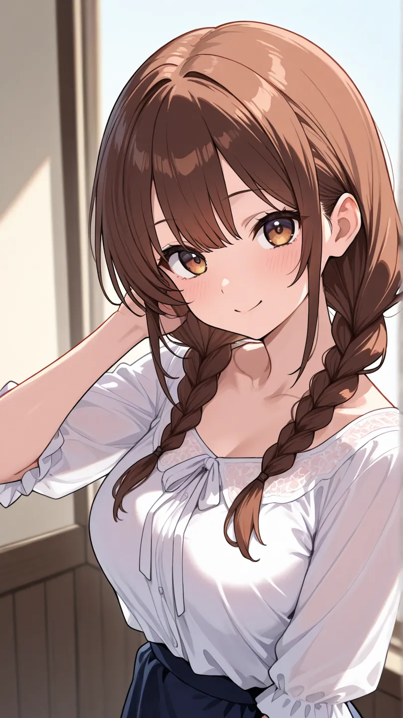 茶色い髪　ピンク色の瞳　twin braids　brown hair　white blouse　 is fighting