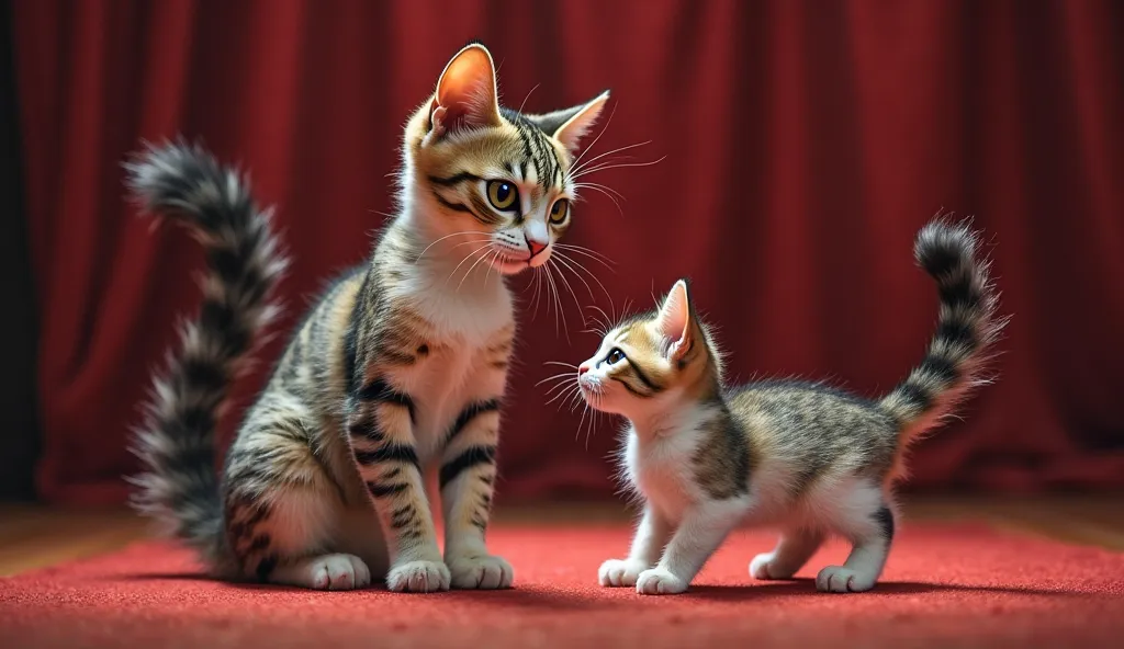 A graceful lady cat with sleek fur and sparkling eyes teaches her tiny kitten how to walk confidently on a stage, their tails held high. The mother cat encourages her nervous kitten, whispering words of courage as they rehearse for the upcoming beauty page...