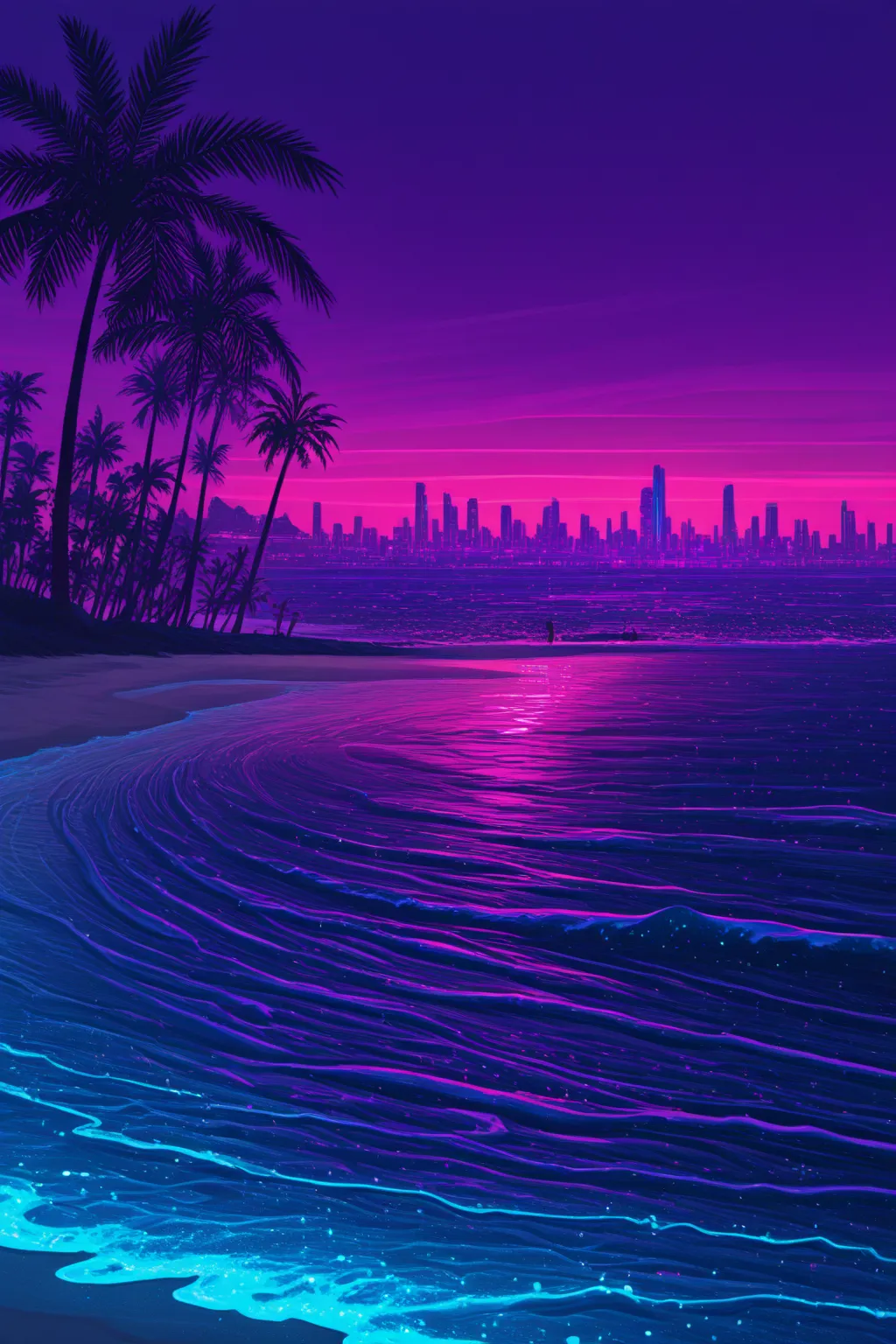 Retro_neon,Retro neon, futuristic beach, glowing coastline, neon-lit waves, Vivid sunsets, pink and purple sky, synthwave aesthetics, Middle Ages, digital horizon, palm tree silhouette, electric blue ocean, vapor wave atmosphere, softly shining sand, neon ...