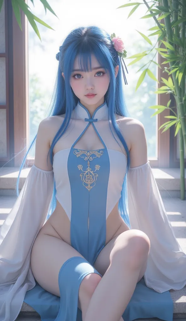 The image is an illustration of a character with anime-style features, predominantly in shades of blue and white. The character has large eyes, blue hair, and is wearing a traditional Chinese dress with a high collar and decorative patterns. The character'...