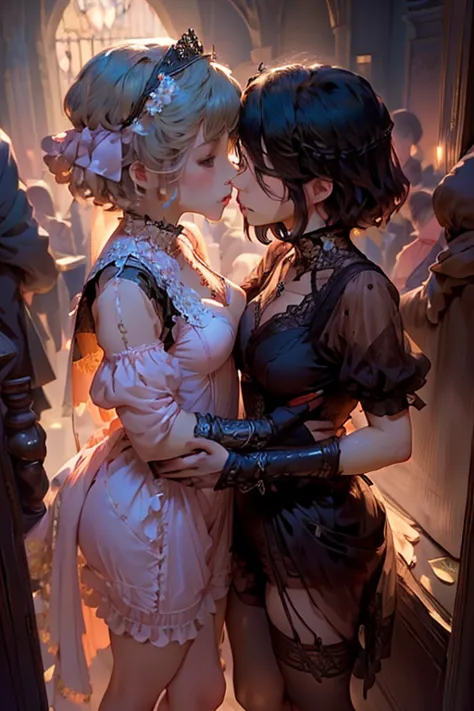 two magic girls together (Malhou Shoujo), wearing a delicate dress (full of details and lace, high definition, thighs, anime style, kissing each other on the lips