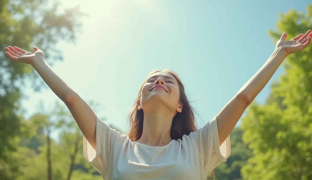 The girl closed her eyes, looked up at the sky, and raised her arms to enjoy the air.