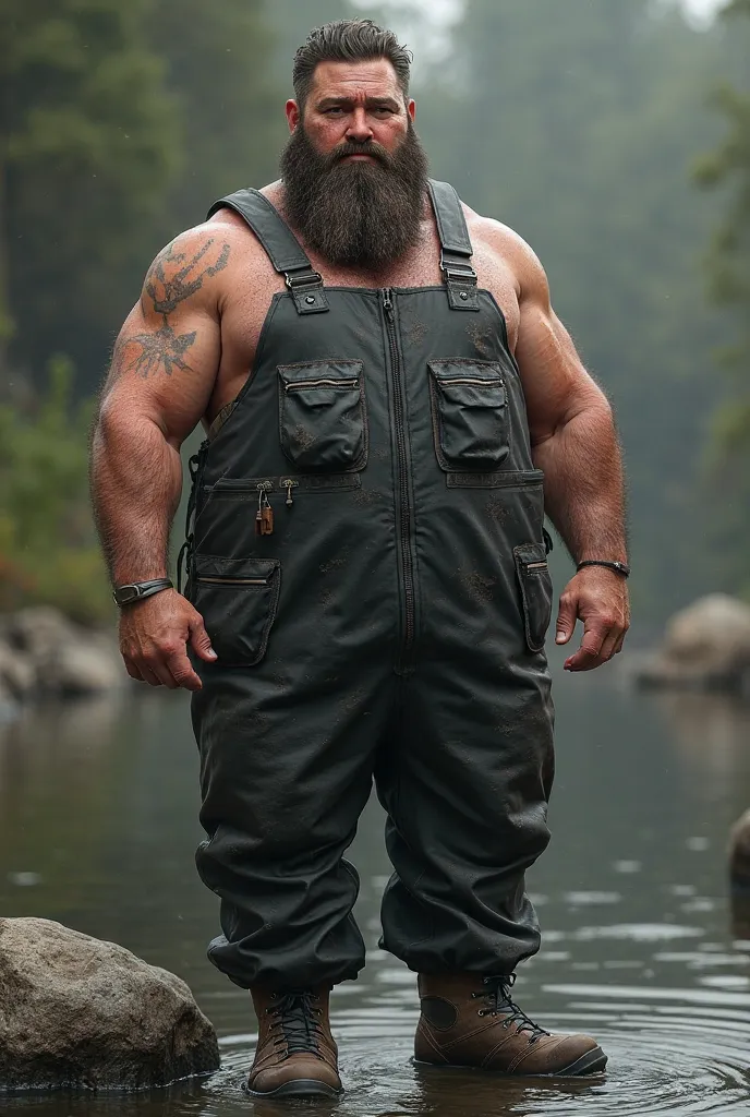 Stocky bearded man wearing black rubber chest waders 