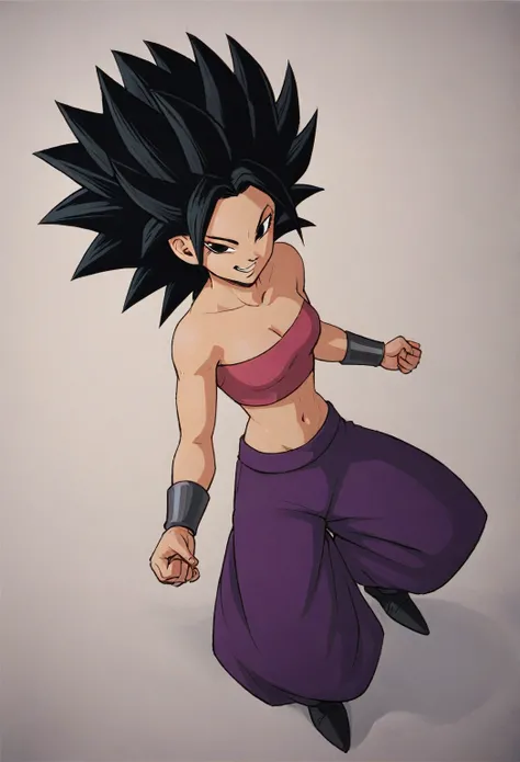 Caulifla,pink top, purple pants,  Gray bracelet , mischievous smile, black shoe, black hair, spiked hair, 