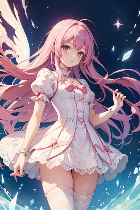 Magical girl (Malhou Shoujo), wearing a delicate dress (full of details and lace, high definition, thighs, anime style