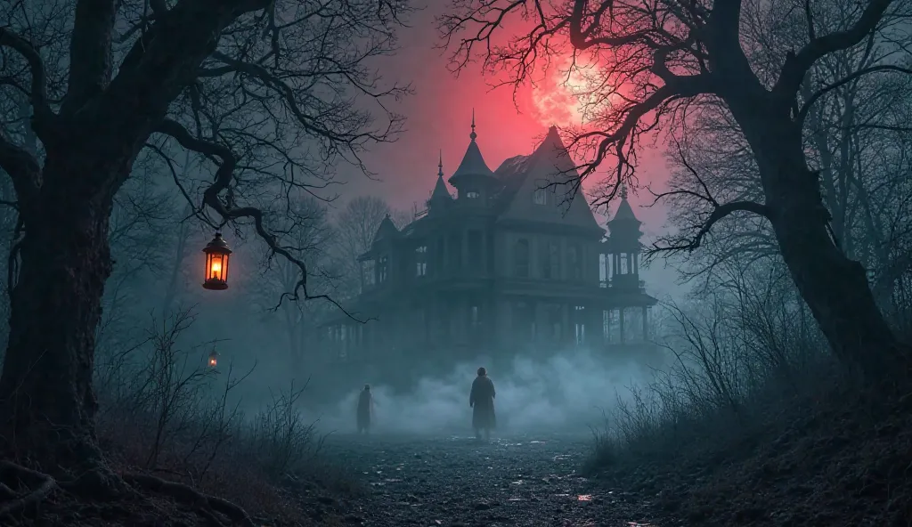 A terrifying, eerie dark background with a haunted atmosphere. The scene features a foggy, moonlit forest with twisted, barren trees casting eerie shadows. Dim, flickering lanterns hang from broken branches, illuminating ghostly mist swirling around the gr...