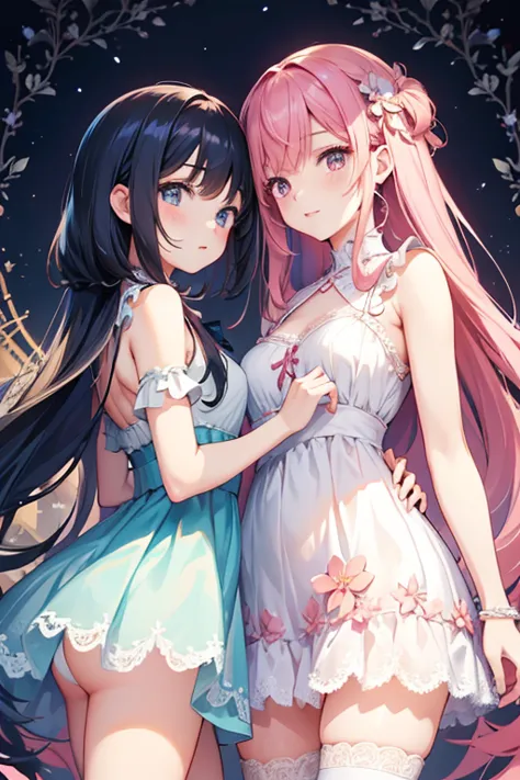 two magic girls together (Malhou Shoujo), wearing a delicate dress (full of details and lace, high definition, thighs, anime style