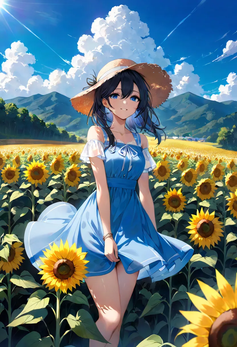 Summer sky、blue sky、cloud、白いcloud、Mountain、Field、Sunflower Field、((Best Masterpiece))、nature、 1 female、 in the sun's nature