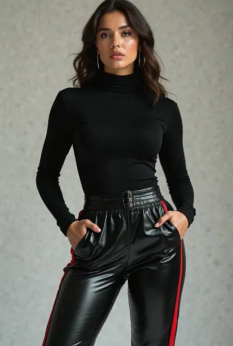 make a hd girl with 80kg weight and 165cm height wearing black turtle neck and wearing black shining track pants with straight red line aside with big ass full body 