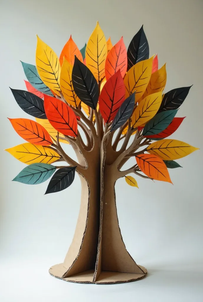 A family tree that standing using the cardboard on the foundation and construction paper for the leaves and with leaves colors is yellow, orange, red, black, and blue green 