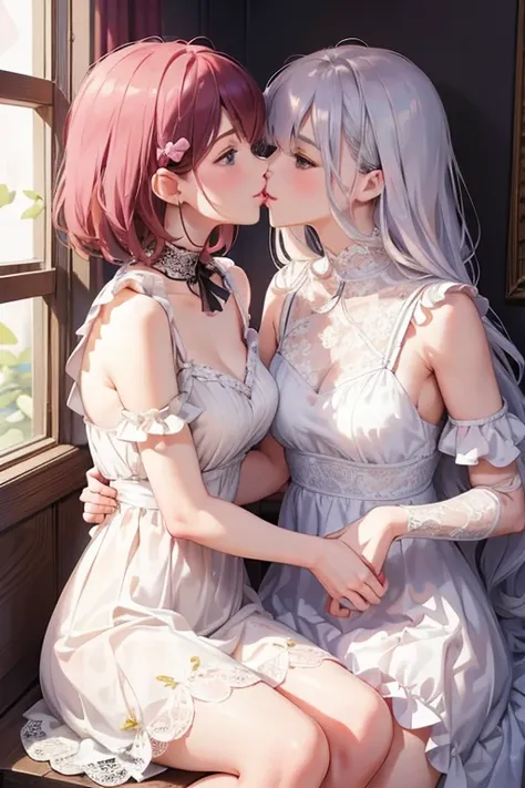 two magic girls together (Malhou Shoujo), wearing a delicate dress (full of details and lace, high definition, thighs, anime style, kissing each other on the lips