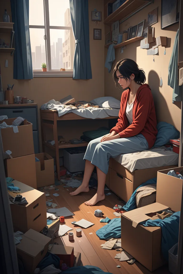 a lonely woman inside her cramped and messy apartment, sadness, best quality, high resolution, detailed, 