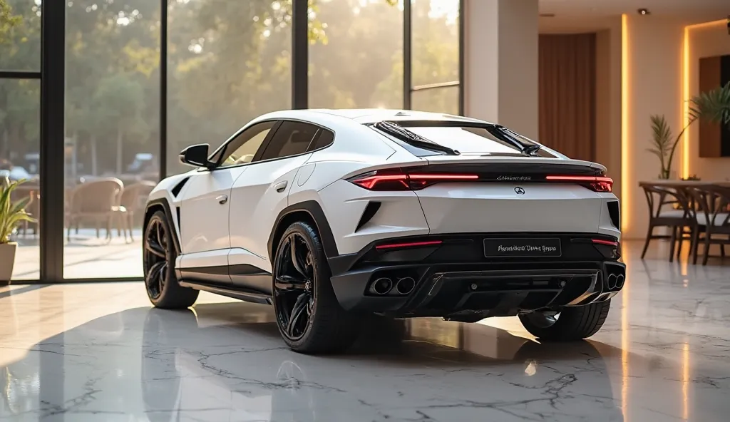 In a daytime, fully close back   slight angle view of a 2025 Lamborghini urus shining light White color standing in a luxury hall high resolution image to attract audience. The picture should be like captured by a real cameraman in portrait view. The side ...