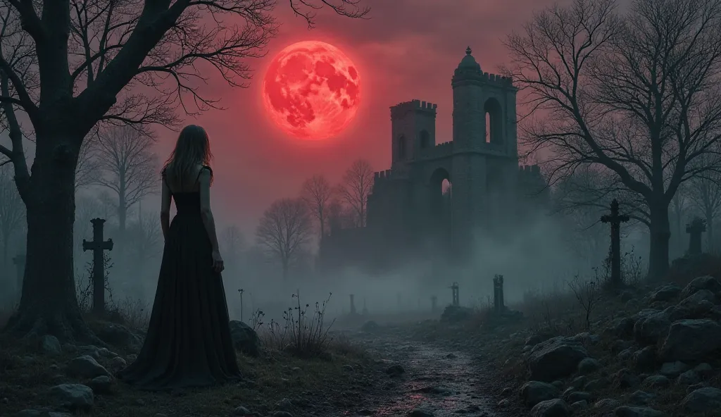 A dark gothic landscape under a crimson moon, with lost souls drifting like mist in an abandoned graveyard. A sorrowful woman in a black dress stands alone, her eyes glowing with an eerie light. The wind carries whispers through the trees, and a ruined cat...