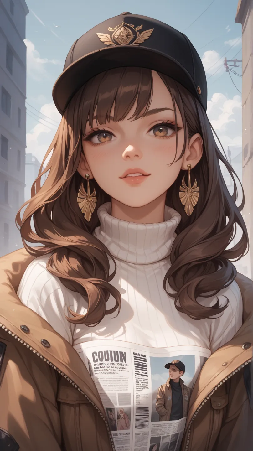 A young woman with delicate facial features and fair skin, wearing a black cap and a matching oversized bomber jacket. She has shoulder-length wavy brown hair and a melancholic expression. She wears a turtleneck sweater underneath the jacket, and long dang...