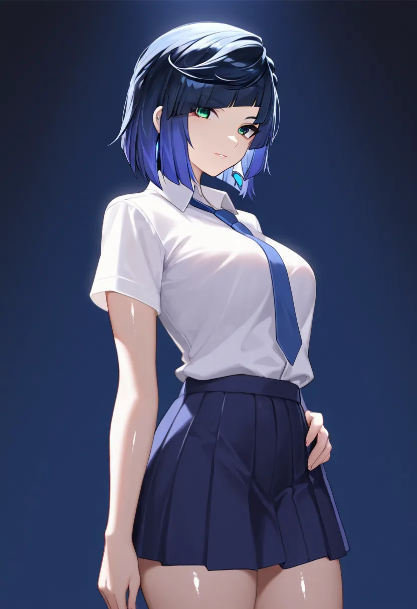 1girl,solo,yelan_(genshin_impact),hand on hip,school uniform,arm at side,shiny skin,green eyes,eye shadow,makeup,blue hair,diagonal bangs,natural lighting,tie,blank background,dark background,blue background,masterpiece,high quality