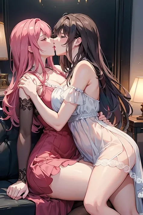 two magic girls together (Malhou Shoujo), wearing a delicate dress (full of details and lace, high definition, thighs, anime style, kissing each other on the lips