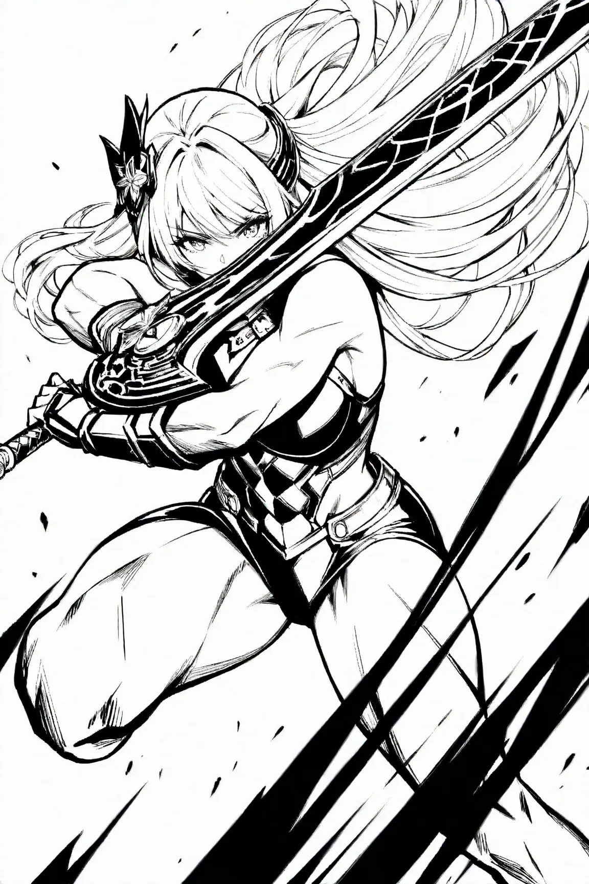 Line Art, monochrome, Ultra High Definition, Impressive line art, 1 Female Warrior , (Jump big and dodge attacks:1.2), Slash with a two-handed sword, The tip of the sword draws a beautiful arc, (A very beautiful and intelligent face), masterpiece, best qua...