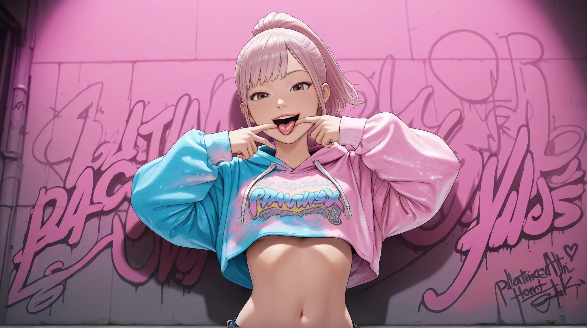 one young schoolgirl  , Hip Hop Girl  ,  Attractive Body,  smile,  open your kiss partner's mouth wide , is sticking out his tongue, (  platinum pink hair ), ( ponytail),   hip hop fashion  ,   colorful hoodie,  cropped top , Sexy hot pants,   Sexy Body , ...