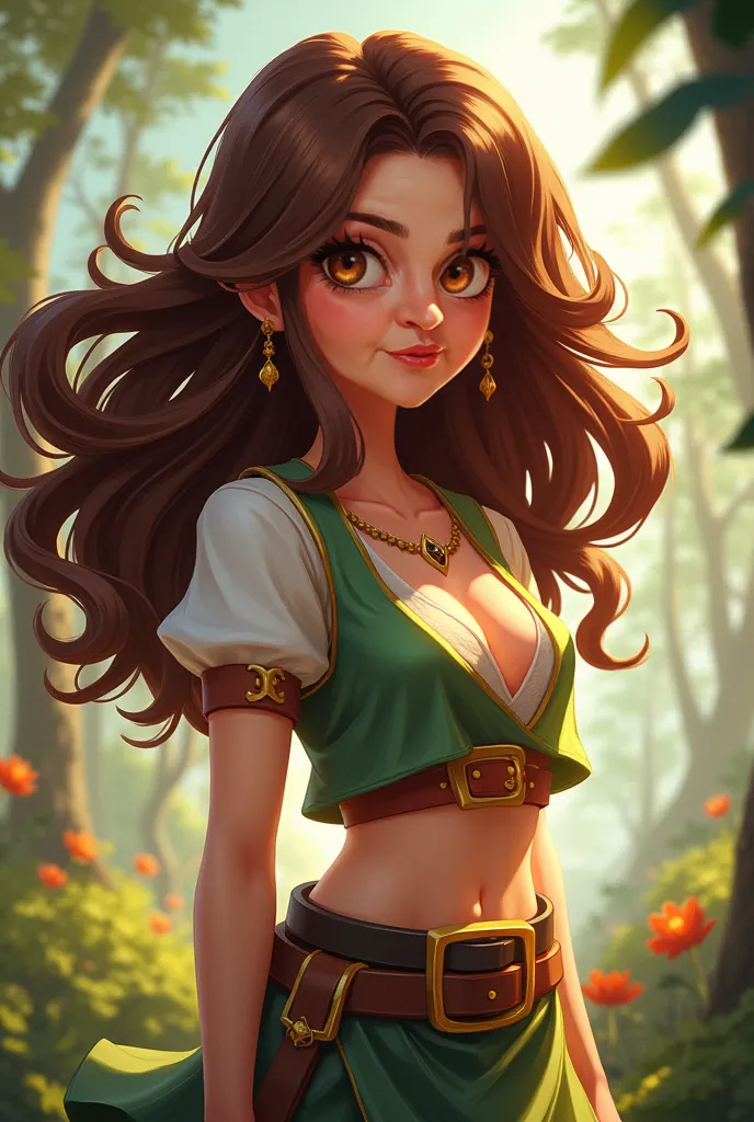 A female character with brown hair in the style of Xavier Houssin, wakfu or dofus