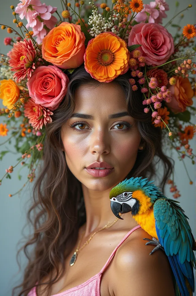 Studio photograph of beautiful Latin woman looking straight ahead with lots of flowers on her face, hair, cheeks and forehead. with a macaw parrot close to her face