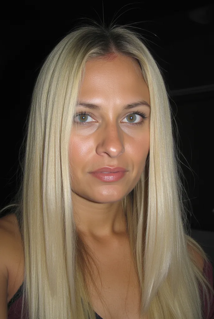 Closeup selfie style photo of a beautiful, indian woman with long, flowing straight but straight blonde hair with no dark roots. Her skin is light brown. Her striking blue green eyes and flawless, glowing complexion are highlighted by her natural makeup, r...