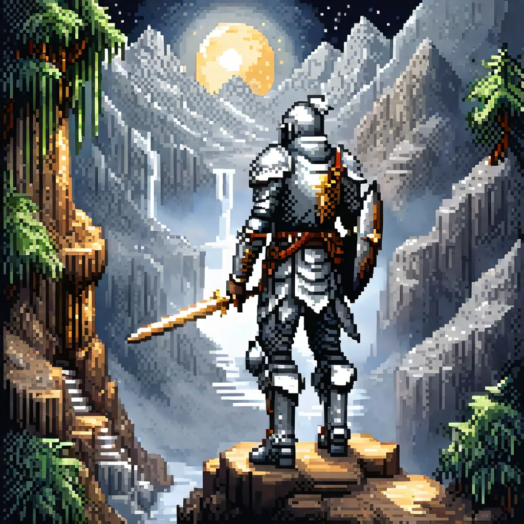 Raise your sword to the moon.Clad in shining silver armor An adventurer. Back view. in a pixel art style, detailed , best quality, masterpiece, ultra intricate detailed, high detailsone