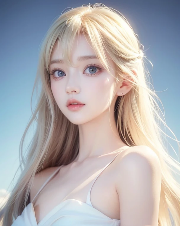 A perfectly beautiful face、super long messy silky beautiful blonde 、 beautiful cute girl 、 sexy and very beautiful cute face 、 beautiful cute sexy bright pale sky blue big eyes、long beautiful bangs 、 very super long beautiful blonde shiny silky hair、Very w...