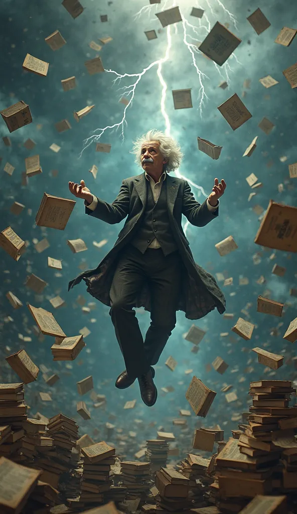 Albert Einstein floating with lightning and rain of books falling from the sky photo realistic, no gravity