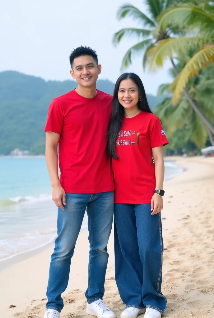 photo of a very short spiky haired indonesian man and a long-haired indonesian woman, they are wearing red t-shirts,  wearing blue long jeans ,   wears white sneakers , they are vacationing on the beach, they stand in a friendly pose on the beach sand, the...