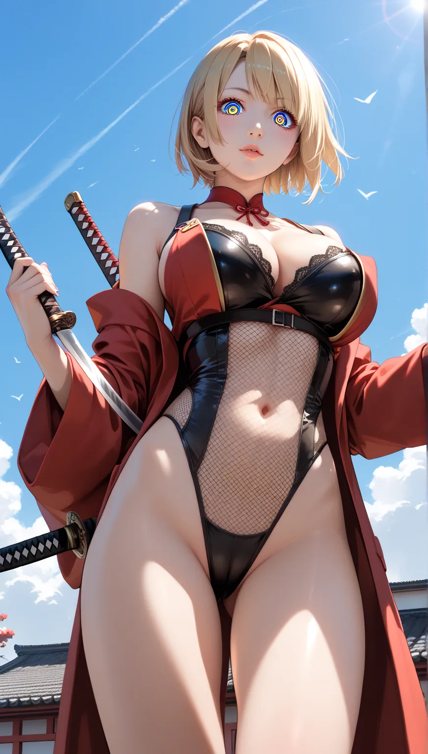 score_9, score_8_up, score_7_up, score_6_up, uncensored, kunoichi_\(samui\), short blonde hair, BREAK (masterpiece:1.2), best quality, high resolution,(detailed eyes:1.3), perfect lighting,(perfect hands, perfect anatomy), large breasts, reveal breast, fis...