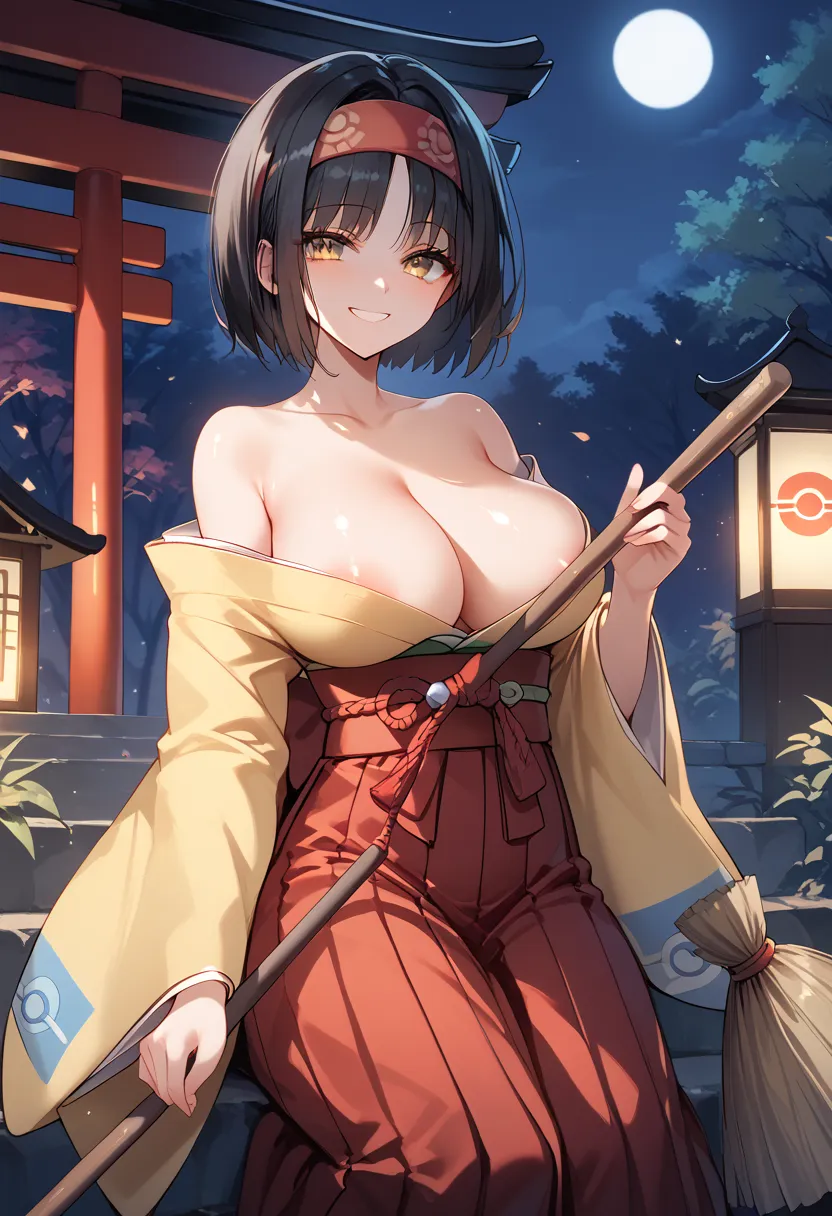 pokemonerika, yellow eyes, black hair, headband, short hair, huge breast, slender, japanese clothes, kimono, hakama, red hakama, long sleeves, wide sleeves, bare shoulders, cleavage, slip areola, broom, shiny skin, evil smile, lighting, Shinto shrine, nigh...