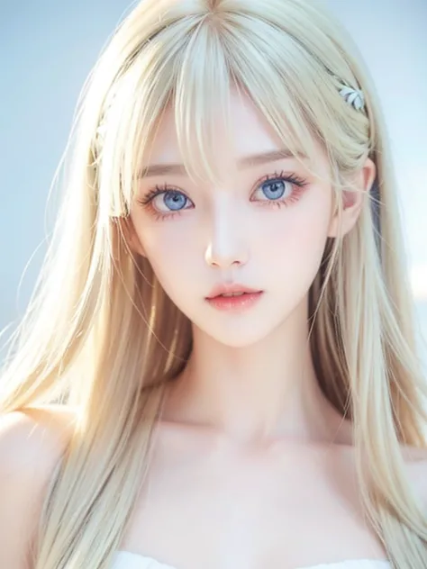 A perfectly beautiful face、super long messy silky beautiful blonde 、 beautiful cute girl 、 sexy and very beautiful cute face 、 beautiful cute sexy bright pale sky blue big eyes、long beautiful bangs 、 very super long beautiful blonde shiny silky hair、Very w...