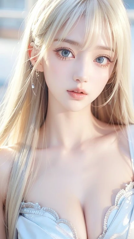 A perfectly beautiful face、super long messy silky beautiful blonde 、 beautiful cute girl 、 sexy and very beautiful cute face 、 beautiful cute sexy bright pale sky blue big eyes、long beautiful bangs 、 very super long beautiful blonde shiny silky hair、Very w...