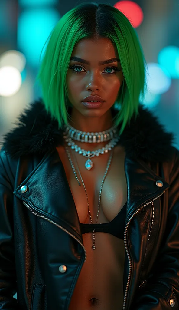 A high-fashion, urban, hip-hop, full body portrait of Rue Monroe, a hip-hop, rap, and trap singer-songwriter. She is a confident and striking mixed-race American woman with deep blue eyes that highly illuminated, glowing with intensity. Her neon green hair...